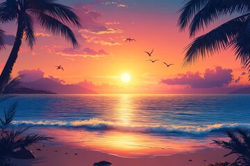 Wall Mural - Beautiful sunset over calm ocean with palm trees and gentle waves in tropical paradise