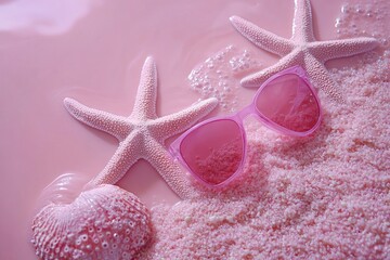 Colorful beach accessories on pink sand with seashells and starfish on a sunny day