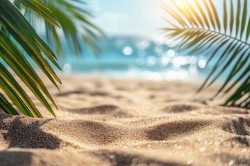 Wall Mural - Relaxing beach view with palm leaves framing golden sand and shimmering ocean on a sunny day