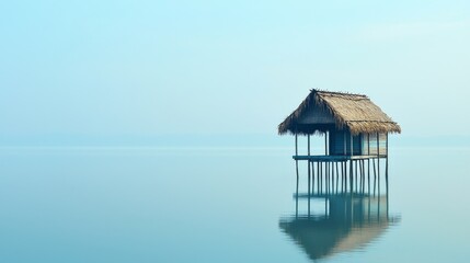 Wall Mural - A tropical bungalow on stilts under a blue sky with clouds.