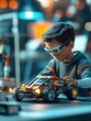 © Johannes - Happy school boy student making robotic car sitting at table at STEM class. Diverse children learning programming using computers and constructing robots at science and coding education tech lesson.