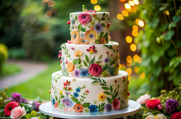 Poster - wedding cake designs, A stunning three-tiered cake adorned with colorful floral designs, set against a vibrant garden backdrop, creating a perfect celebration atmosphere.