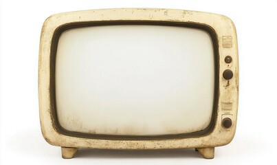 Old, dirty, beige TV set with blank screen isolated on white background, ideal for vintage or retro designs