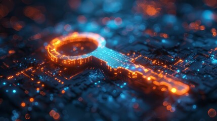 Fototapete - A digital key created from luminous data points shines bright against a dark circuit board backdrop, symbolizing the importance of cybersecurity and encryption in modern technology.