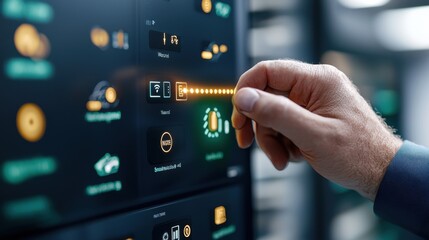 Close up view of a person s hand touching and interacting with the digital control interface possibly initiating a system update or adjusting device settings on a modern