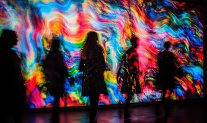 Naklejka na meble Silhouetted people walk past vibrant, swirling light display in dark room, ideal for art, tech, event themes