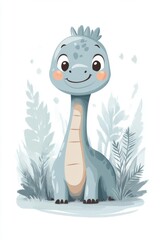 Wall Mural - Charming watercolor illustration of a big-headed light blue dinosaur set against a white backdrop