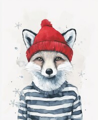 Wall Mural - A fox in a winter hat, depicted through pencil and watercolor