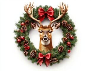 Canvas Print - A white backdrop featuring a Christmas deer head with a red bow and a festive wreath