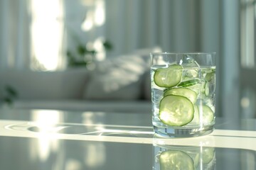 Refreshing cucumber water served in a glass with ice on a sunlit table in a modern home setting. Copy space