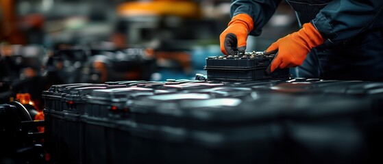 Poster - Battery replacement maintenance concept. A technician in gloves works on equipment in a workshop, surrounded by machinery and tools, focusing on precision and safety.