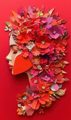 Wall Mural - Woman's profile with vibrant paper flowers, red background, art piece