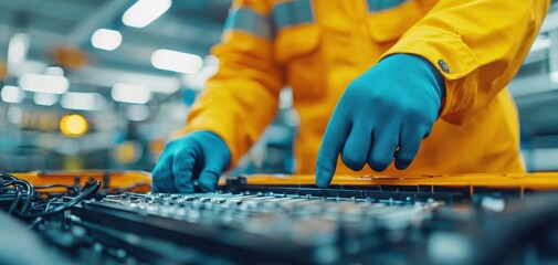 Aufkleber - Battery replacement maintenance concept. A worker in a yellow jacket and blue gloves operates machinery in a factory setting, showcasing industrial activity and safety practices.