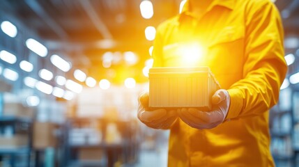 Poster - A warehouse worker holds a glowing package, symbolizing efficient logistics and delivery in a modern industrial setting.