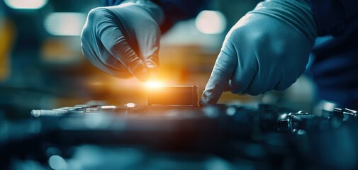 Aufkleber - Battery replacement maintenance concept. A technician's hands, wearing gloves, carefully work on a component, with bright light highlighting a precise operation in a workshop setting.
