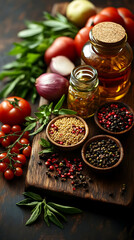 Poster - Rustic Still Life of Fresh Vegetables Herbs and Spices