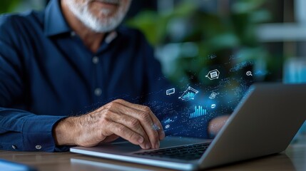 Wall Mural - businessman analyzing corporate data and insights on laptop in professional office setting businessp