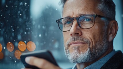 Wall Mural - closeup portrait of a thoughtful focused businessman with a beard wearing glasses interacting with a