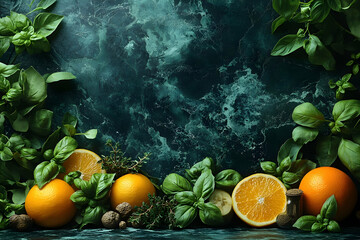 Wall Mural - Vibrant Oranges and Fresh Herbs on Dark Teal Background