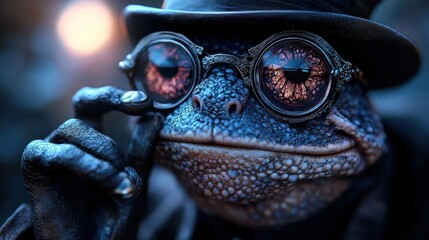 This whimsical image features a toad wearing elegant glasses and a hat, evoking a sense of charm and fantasy, merging the ordinary with the extraordinary in a unique artistic expression.