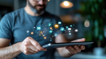 Wall Mural - businessman using a touch screen tablet device displaying futuristic digital technology in a contemp