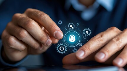 Close up of a hand pointing at a glowing user icon within a digital interface or dashboard representing the concept of technology social media networking and data analytics in business and marketing