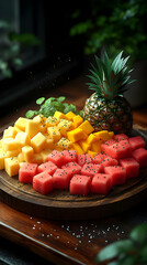 Wall Mural - Vibrant Tropical Fruit Platter with Pineapple, Mango, and Watermelon