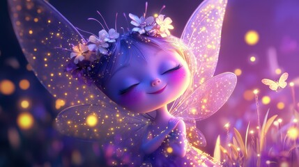 Canvas Print - A Cute Fairy Girl With Glowing Wings Among Flowers