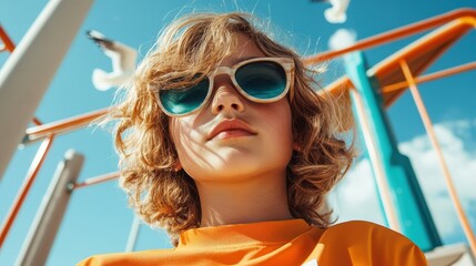 A young child is enjoying a sunny day at the playground, wearing stylish sunglasses and a vibrant outfit, embodying joy and carefree spirit characteristic of childhood.