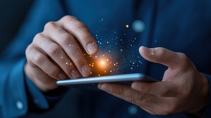 Wall Mural - businessman presenting a futuristic tablet interface in the office with hands gesturing on the touch