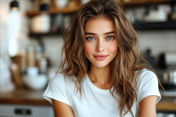 Wall Mural - Young woman with wavy hair and bright blue eyes smiles warmly in a cozy kitchen setting with rustic decor