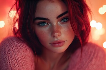 young woman with striking features poses against a warm bokeh backdrop, capturing a moment of beauty