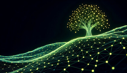 Wall Mural - sci-fi inspired glowing network forming a tree-like structure on an uneven landscape, neon chartreus