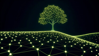Wall Mural - minimalist neon chartreuse web forming a digital tree, sloped terrain and glowing connections fading