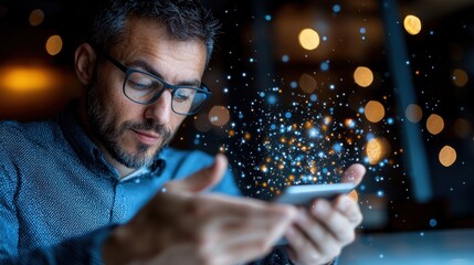Wall Mural - close up view of hands interacting with the screen of a modern smartphone surrounded by a glowing bo