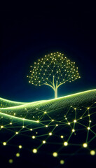 Wall Mural - high-tech luminous network tree on an inclined surface, neon chartreuse connections dissolving into 