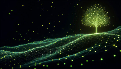 Wall Mural - side view of a neon chartreuse tech network forming a tree, glowing nodes on a sloped hillside in a 