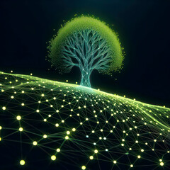 Wall Mural - illuminated network tree with neon chartreuse lines on a slanted terrain, fading edges and deep blac