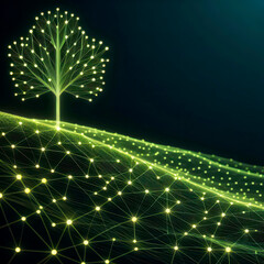 Wall Mural - illuminated network tree with neon chartreuse lines on a slanted terrain, fading edges and deep blac