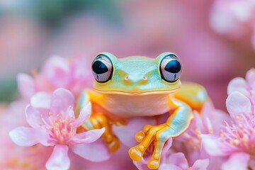 Wall Mural - Colorful frog resting among pink flowers in a vibrant natural setting during springtime