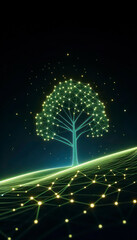 Wall Mural - abstract neon chartreuse web forming a tree on a tilted landscape, glowing nodes connected in a futu
