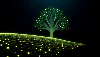 Wall Mural - futuristic neon chartreuse network tree on a sloped hillside with glowing connections, fading into d