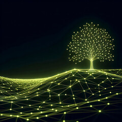 Wall Mural - futuristic neon chartreuse network tree on a sloped hillside with glowing connections, fading into d