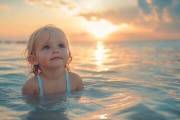 Wall Mural - Child plays in shallow water at sunset, surrounded by the beauty of nature and glowing colors in the sky