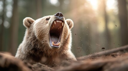 a captivating shot of a grizzly bear yawning joyfully in a sunlit forest, portraying the sheer beaut