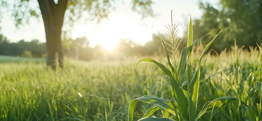 Wall Mural - Sunset over cornfield, tree in foreground, agriculture