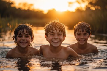 Wall Mural - Three joyful boys swimming in calm waters at sunset in a serene outdoor setting