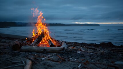 a campfire glowing on a sandy beach at dusk, with the ocean in the background.