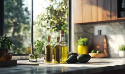 Canvas Print - Bottles of oil and avocados on kitchen countertop.