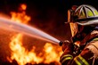 © Thanyarat - A firefighter in full gear, holding a hose while spraying water on a blazing fire, with dramatic action in the background